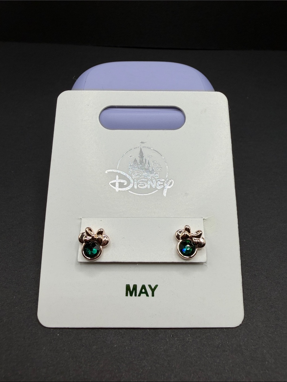 Disney Rose Gold Minnie Mouse Stud Earrings with Green Crystals. NWT